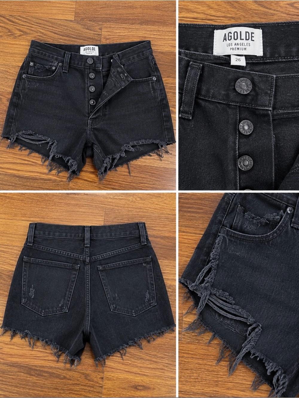Agolde Black High-Rise Distressed Button-Fly Denim Shorts